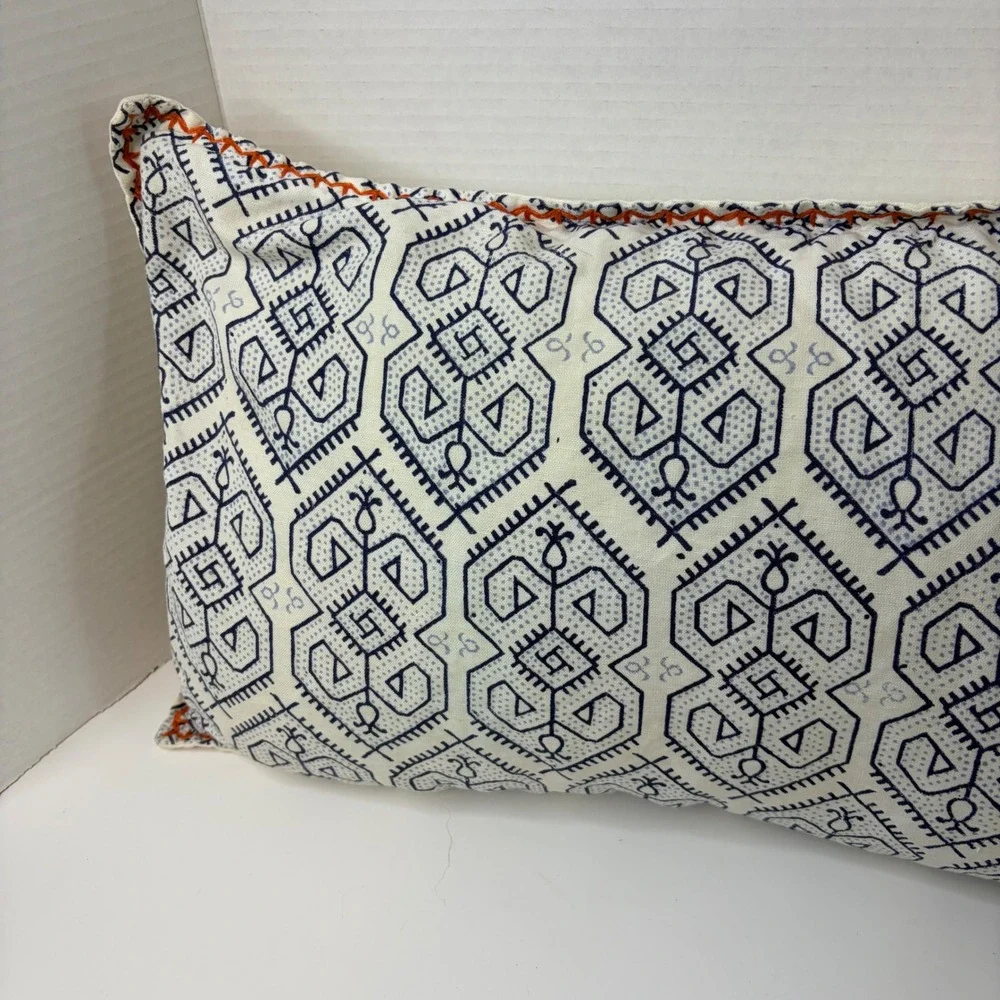 Serena & Lily Blue Geometric Block Print Lumbar Pillow Cover Orange Whipstitch